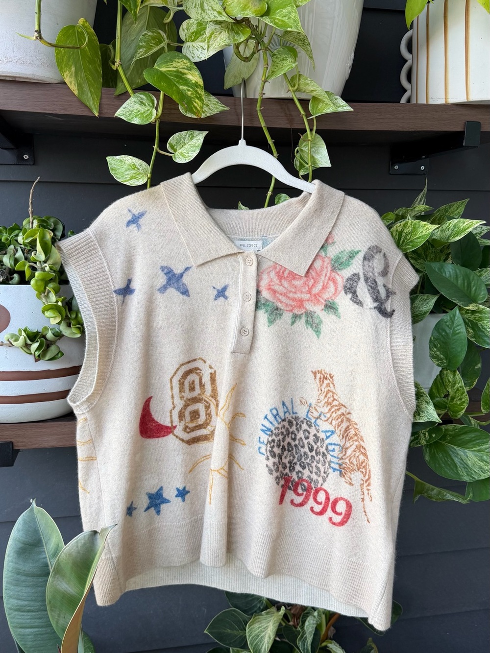 Anthropologie 100% Cashmere Sweater Graphic Polo, Unique Whimsical Sweater Vest